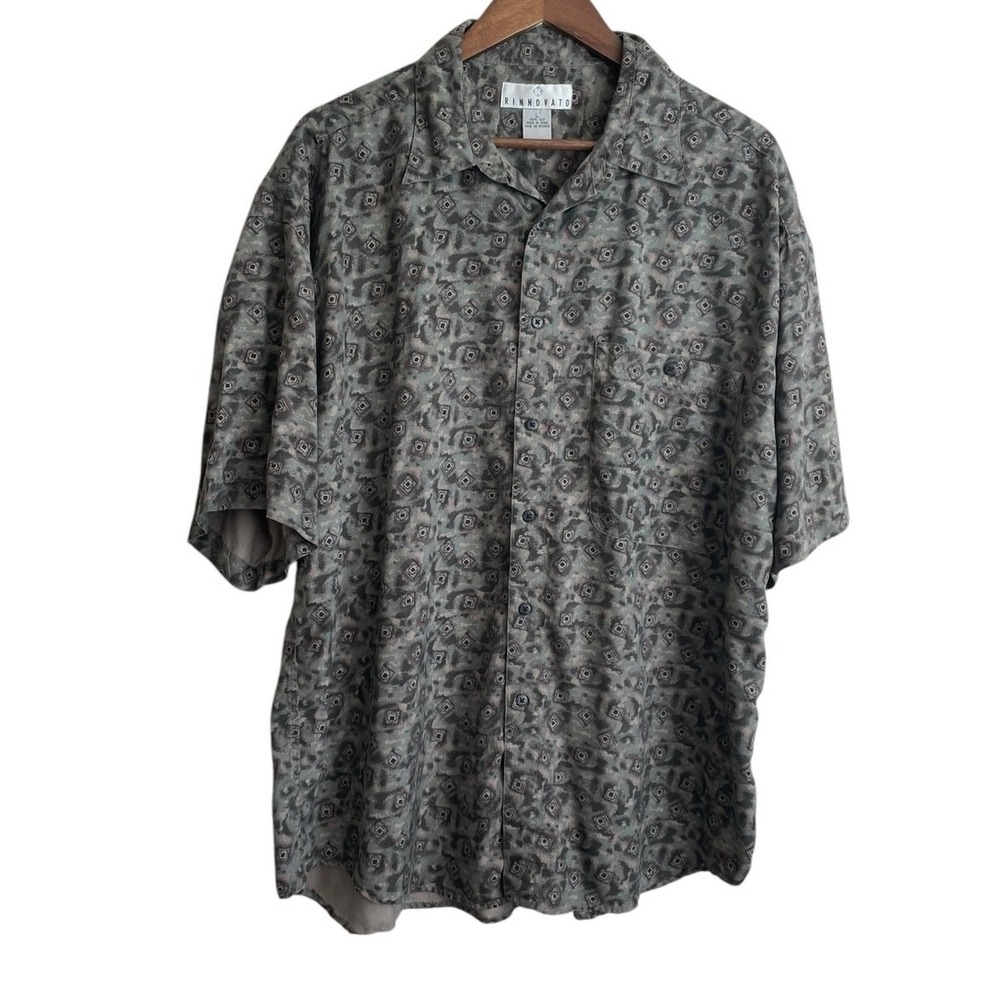 VTG Rinnovato Mens Button Up Shirt L‎ Gray Abstract Geometric 90s Retro Resort